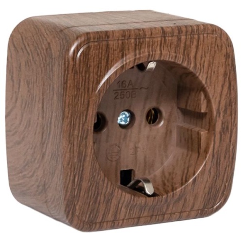 Розетка 1-местная ОП Минск 16А с заземлением тёмное дерево EKF Розетка 1-местная ОП Минск 16А с заземлением тёмное дерево EKF