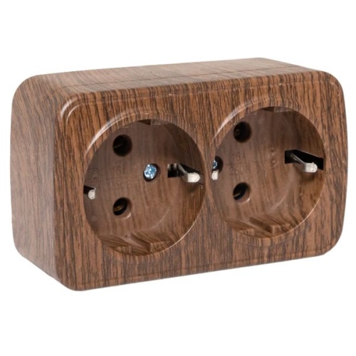 Розетка 2-местная ОП Минск 16А с заземлением тёмное дерево EKF Розетка 2-местная ОП Минск 16А с заземлением тёмное дерево EKF