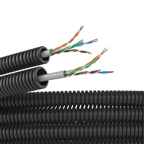 Электротруба ПНД гибкая гофрированная д. 16 мм, цвет черный, с кабелем витая пара 5EU/UTP нг(А)-HF, 50 м