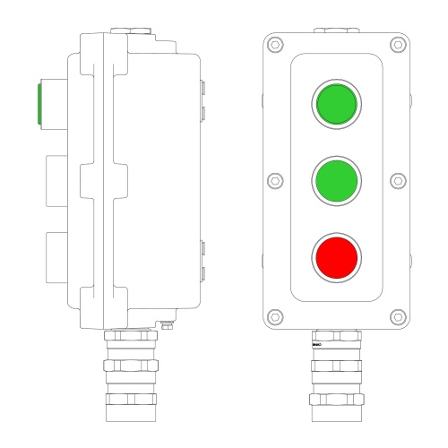 Взрывонепроницаемый пост управления из алюминия LCSD-03-B-MB-L1G(220)x1-P1G(11)x1-P1R(11)x1-PBMB-KA2MHK