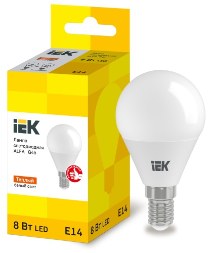 Лампа LED ALFA G45 шар 8Вт 230В 3000К E14 (6шт) IEK