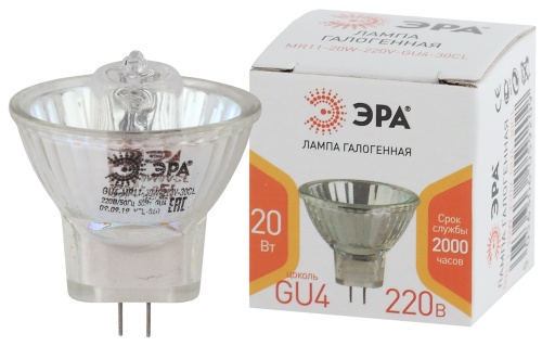 Лампа галогенная GU4-MR11-20W-220V-30 CL  ЭРА (галоген, софит, 20Вт, нейтр, GU4).