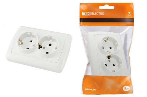 Розетка двойная 2П+3 16А 250В белая "Онега" TDM Розетка двойная 2П+3 16А 250В белая "Онега" TDM