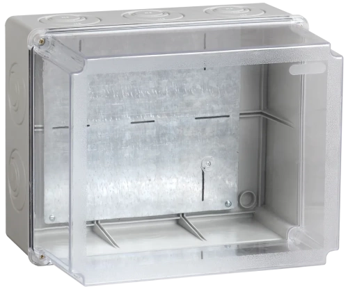 Коробка КМ41348 распаячная для о/п 240х195х165 мм IP55 (RAL7035, монт. плата, кабельные вводы 5 шт)