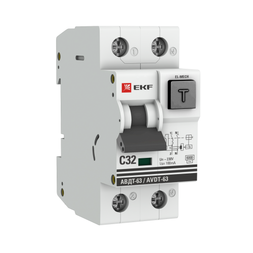 Дифференциальный автомат АВДТ-63 32А/100мА (характеристика C, эл-мех, тип АС) 6кА EKF PROxima Дифференциальный автомат АВДТ-63 32А/100мА (характеристика C, эл-мех, тип АС) 6кА EKF PROxima