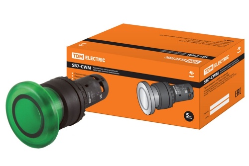 Кнопка грибовидная SB7-CWM31-24V(LED) d35мм 1з зеленая TDM Кнопка грибовидная SB7-CWM31-24V(LED) d35мм 1з зеленая TDM