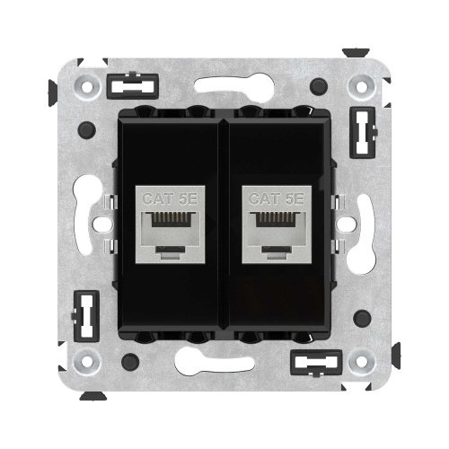 Компьютерная розетка RJ-45 без шторки в стену, кат.5e двойная экранированная, "Avanti", "Черный квадрат"