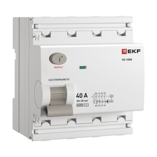 Выключатель дифференциального тока ВД-100N 4P 40А 30мА тип AC эл-мех 6кА PROXIMA EKF Выключатель дифференциального тока ВД-100N 4P 40А 30мА тип AC эл-мех 6кА PROXIMA EKF