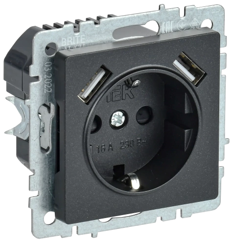 BRITE Роз. с з/к/ш 16А с USB A+A 3,1А РЮш10-2-БрЧ черн. IEK
