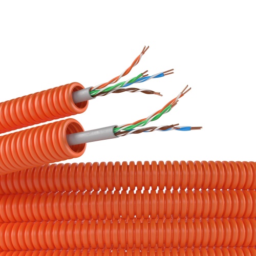 Электротруба ПНД гибкая гофрированная д. 16 мм, цвет оранжевый, с кабелем витая пара 5EU/UTP нг(А)-HF, 50 м