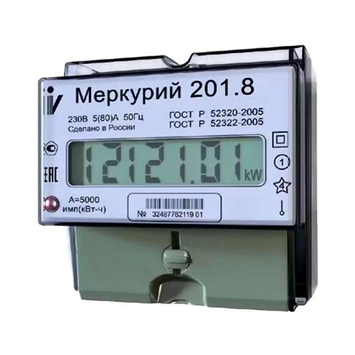 Электросчетчик Меркурий 201.8 ТLO 5(80)А/230В многотарифный, ЖКИ, DIN, PLC сняты с производства