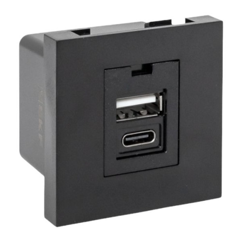 Розетка USB A+C, 2.1А, 2 гнезда, без индикатора, черная, матовая EKF Розетка USB A+C, 2.1А, 2 гнезда, без индикатора, черная, матовая EKF
