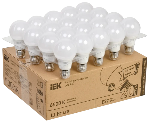 Лампа LED A60 груша 11Вт 230В 6500К E27 (20шт/жкхпак) IEK Лампа LED A60 груша 11Вт 230В 6500К E27 (20шт/жкхпак) IEK