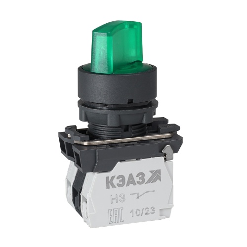 КПЕ1110РЛ-220В-зеленый-1но+0нз-ручка-фикс-2поз-индикатор-IP40