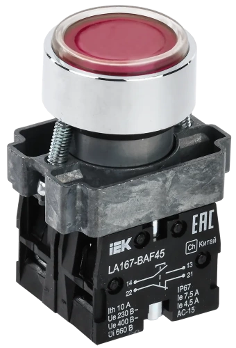 Кнопка LA167-BAF45 d=22мм 1з+1р красная IEK