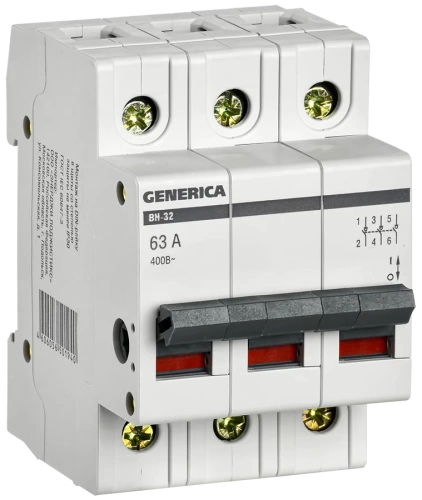 Выключатель нагрузки (мини-рубильник) ВН-32 3Р 63А GENERICA Выключатель нагрузки (мини-рубильник) ВН-32 3Р 63А GENERICA