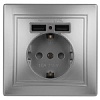 Розетка Intro Plano 1-410-03 с заземлением 2P+E Schuko со шторками, 16А-250В + 2хUSB 5В-2,1А, IP20, СУ, алюминий