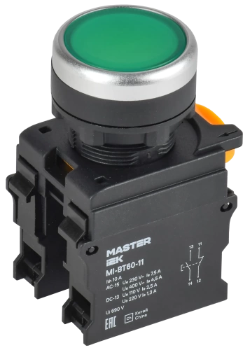Кнопка d=22мм 1NO+1NC зелёная MASTER IEK