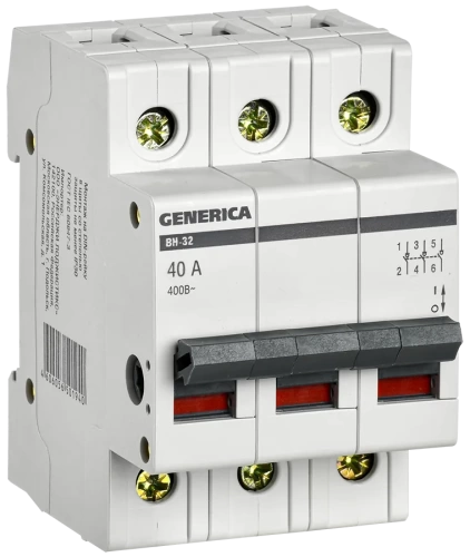 Выключатель нагрузки (мини-рубильник) ВН-32 3Р 40А GENERICA Выключатель нагрузки (мини-рубильник) ВН-32 3Р 40А GENERICA